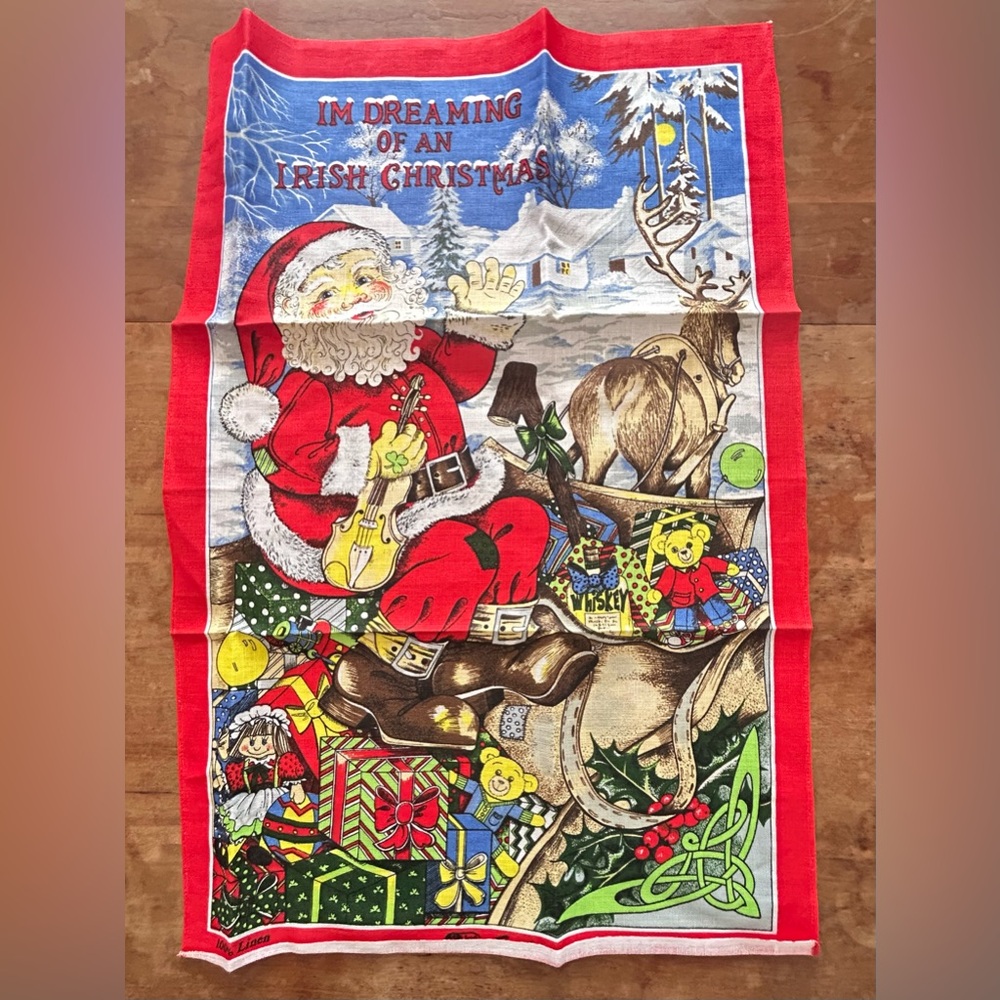 Vintage IRISH LINEN Tea Dish Towel Im Dreaming Of An Irish Christmas Fingal New